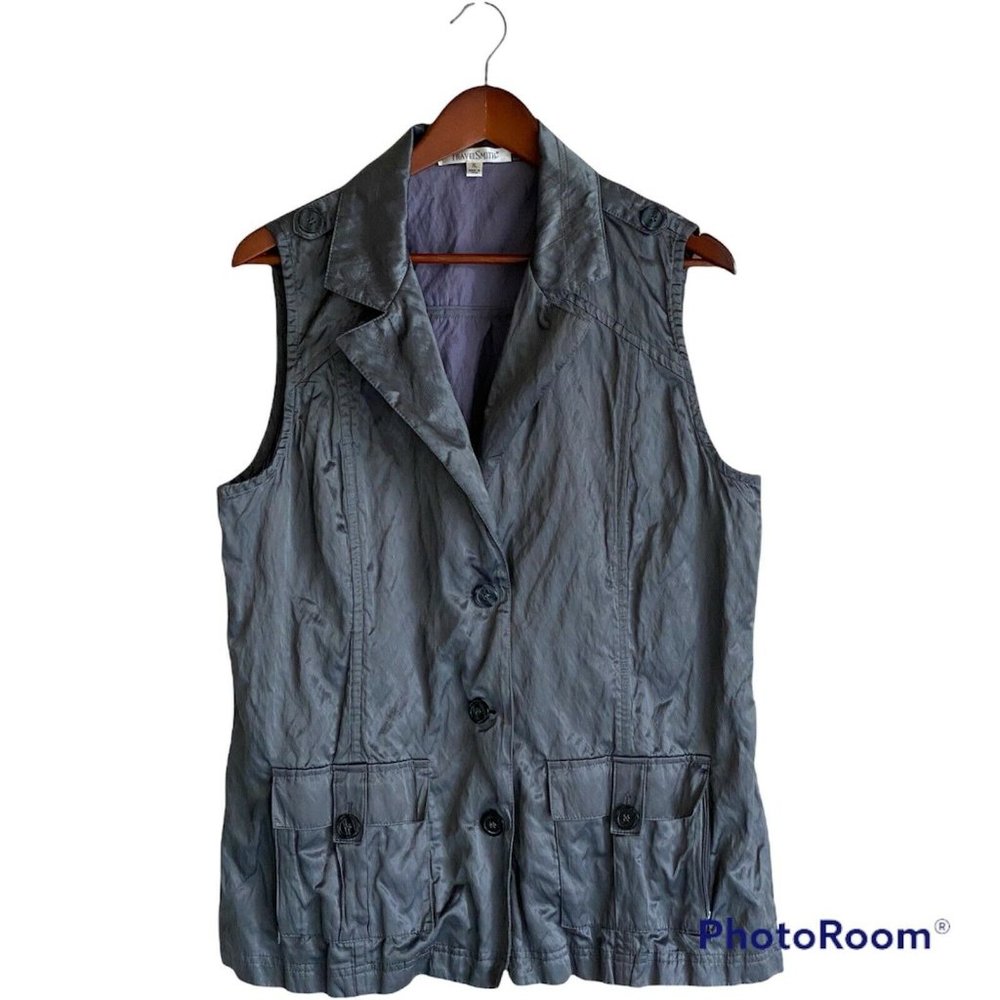 TravelSmith Women's XL Crinkle Vest Gray Metallic Shiny Button Up Pockets